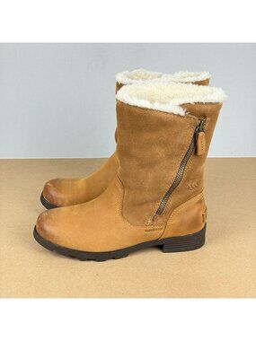 Sorel Emelie Fold Over Leather Suede Boots Womens 6 Tan Side Zip Shearling Lined
